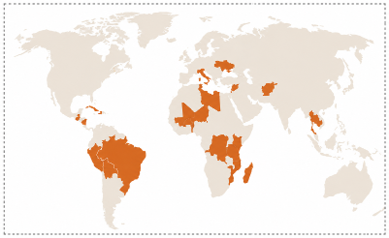 Carte des pays d'intervention de WeWorld à travers le monde